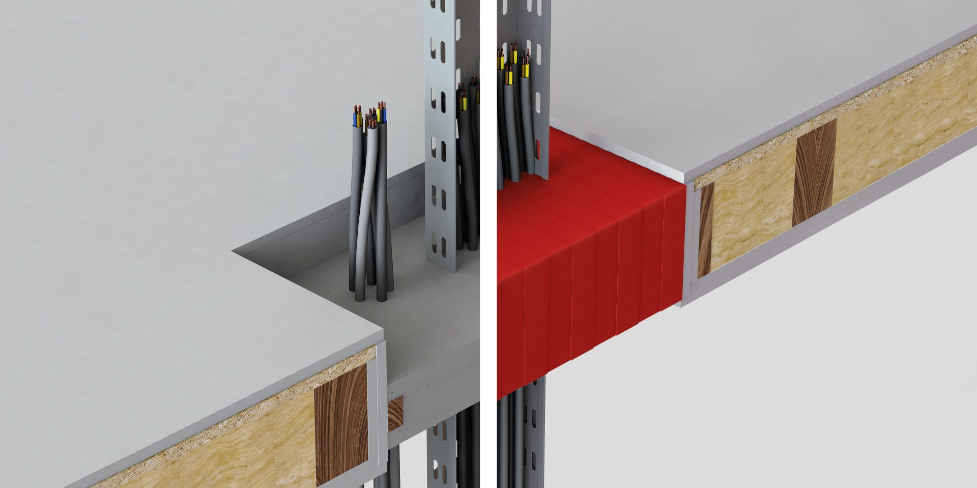 Comparación de una solución de resina tradicional (a la izquierda) y bloques de madera seca Hilti en rojo (a la derecha) a través de un suelo de madera laminada