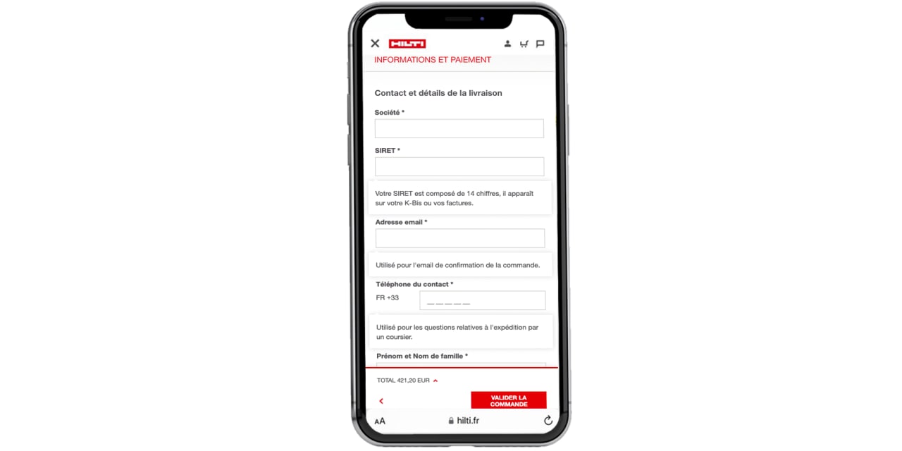 Confirmación del carrito de compras Hilti en el móvil