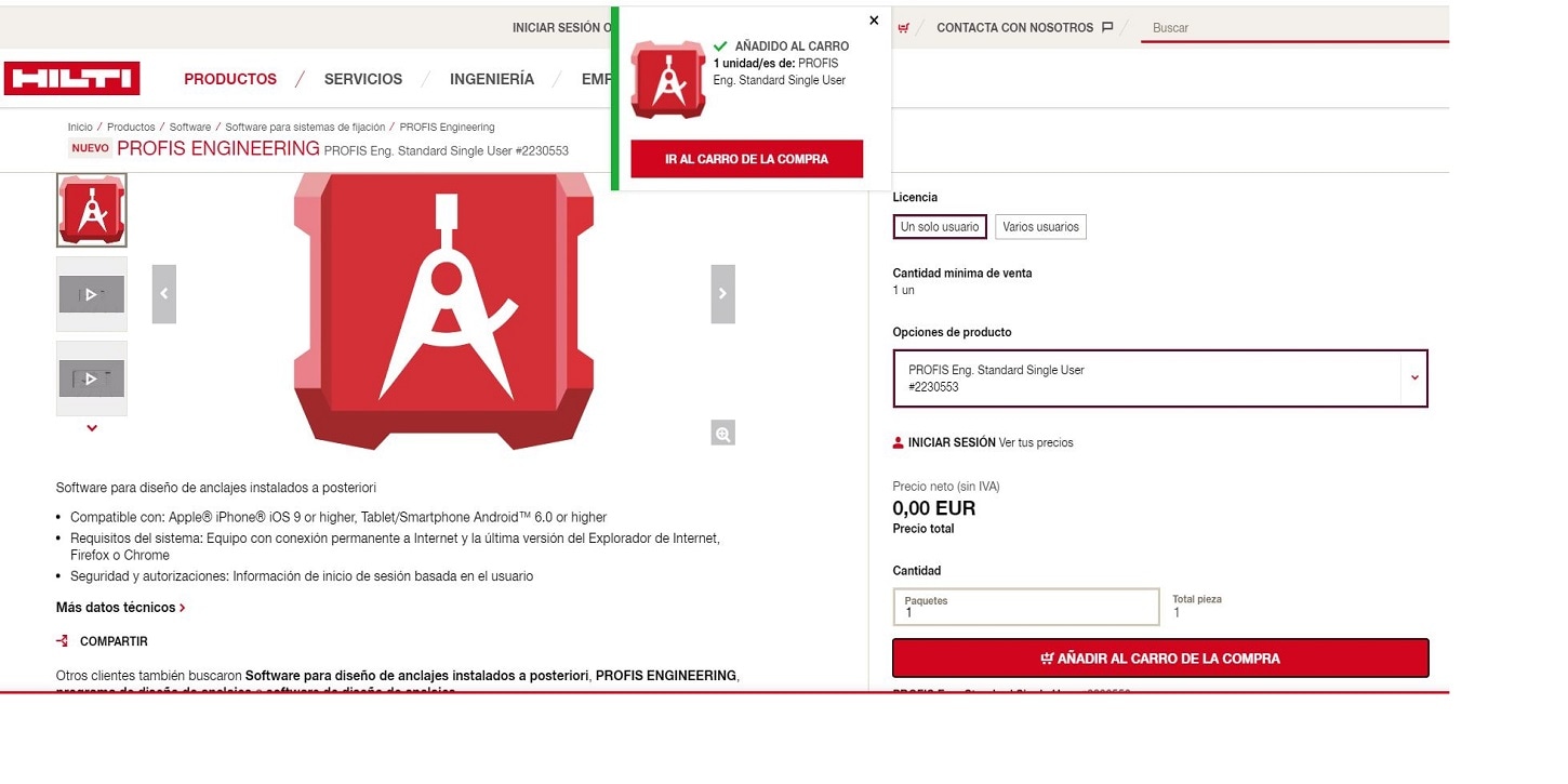 Captura de pantalla de PROFIS Engineering Suite añadiéndose al carro de compra