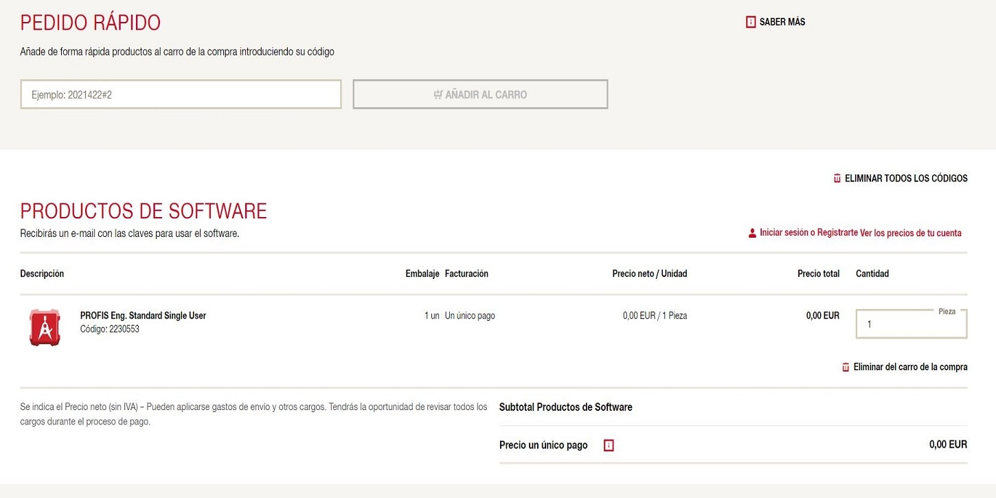 Captura de pantalla del carro de compra online de Hilti
