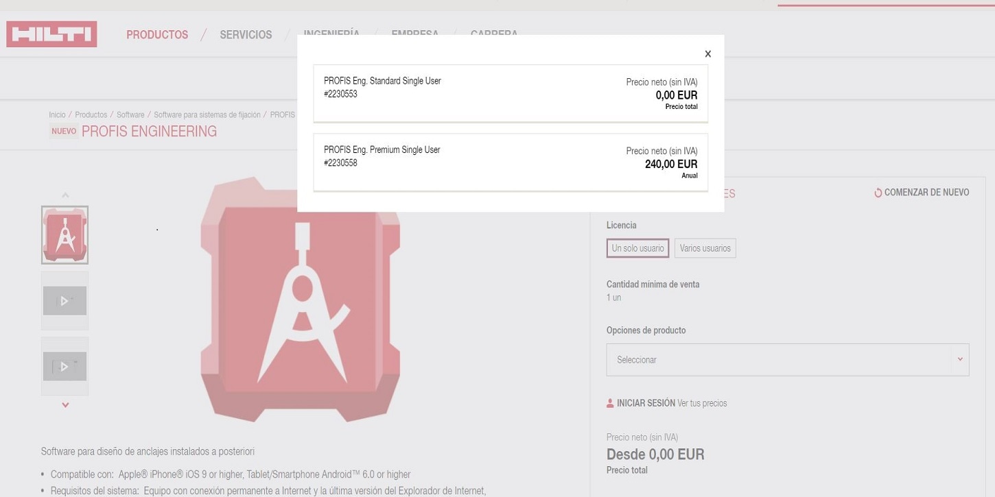Captura de pantalla del carro de la compra de los diferentes modelos de PROFIS Engineering