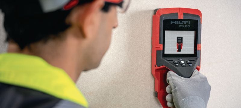 Escáner de pared PS 85 Escáner de pared y detector de pernos de fácil utilización que ayuda a evitar impactos en las tareas de perforación o corte cerca de objetos incrustados Aplicaciones 1