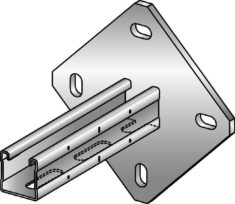 MQK-41/4-F Soporte galvanizado en caliente (HDG) de 41 mm de altura, con carril de carga MQ y placa base cuadrada que ofrece mayor rigidez