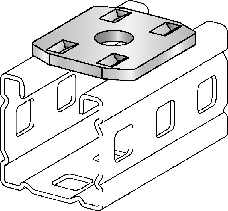 MC-PU OC-A Placa de distribución de cargas galvanizada en caliente (HDG) para el uso en instalaciones con pernos/componentes roscados montados a través de la cara abierta de los carriles de montaje MC-3D en exteriores