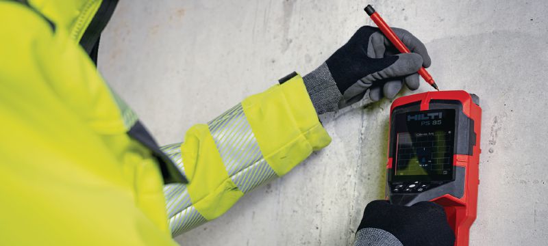 Escáner de pared PS 85 Escáner de pared y detector de pernos de fácil utilización que ayuda a evitar impactos en las tareas de perforación o corte cerca de objetos incrustados Aplicaciones 1