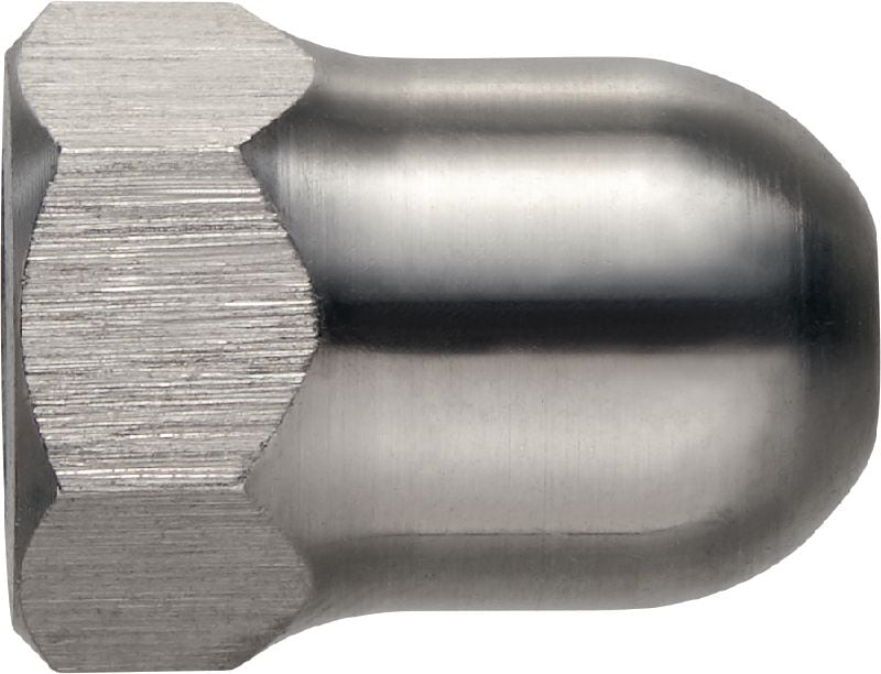 Tuerca con asiento esférico de acero inoxidable DN-R Tuerca de asiento esférico de acero inoxidable para el uso con anclajes acuñados HST3-R en entornos corrosivos; permite crear un acabado más atractivo y ocultar las roscas con filos