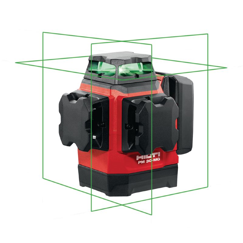 Láser multilínea de nivel PM 30-MG Láser multilínea compacto: incluye 3 líneas de color verde con autonivelación de 360º que permiten realizar con mayor rapidez tareas de nivelado, alineación y cálculos de escuadras (plataforma de baterías de 12 V)