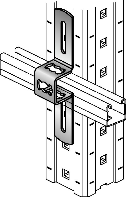 MIC-MI/MQ-X Conector multiángulo galvanizado en caliente (HDG) para la fijación de carriles de carga MQ en perpendicular a vigas MI Aplicaciones 1