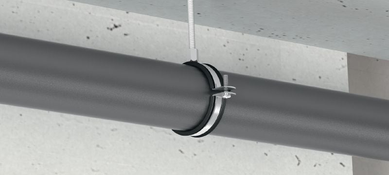 Abrazadera de tuberías de carga pesada MP-PI HDG (con aislamiento acústico) Abrazadera de tuberías galvanizada en caliente (HDG) estándar con aislamiento acústico para aplicaciones ligeras Aplicaciones 1