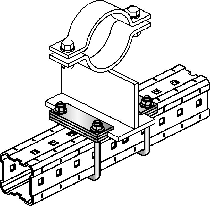 MIC-PS/MIC-PSP Conector galvanizado en caliente (HDG) para la fijación de zapatas para tuberías a vigas MI en aplicaciones pesadas con expansión