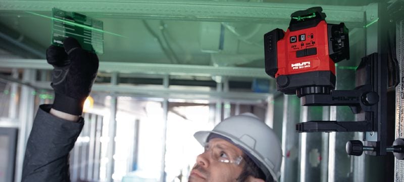 Láser multilínea de nivel PM 30-MG Láser multilínea compacto: incluye 3 líneas de color verde con autonivelación de 360º que permiten realizar con mayor rapidez tareas de nivelado, alineación y cálculos de escuadras (plataforma de baterías de 12 V) Aplicaciones 1
