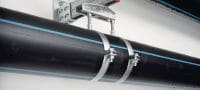 MP-MX-F Abrazadera para tuberías galvanizada en caliente (HDG) estándar sin aislamiento acústico para aplicaciones de tuberías muy pesadas (sistema métrico) Aplicaciones 1