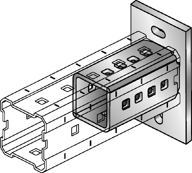 MIC-C-AA/-D Placa base galvanizada en caliente (HDG) para la fijación de vigas MI-90 a hormigón mediante dos anclajes