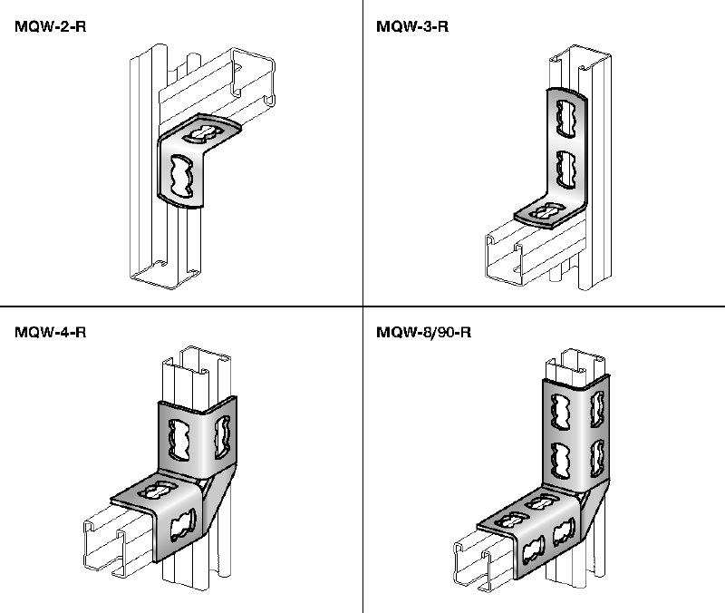 Conector angular MQW 90º-R Ángulo de acero inoxidable (A4) de 90 grados para la conexión de varios carriles de carga MQ