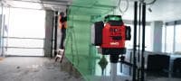 Láser multilínea de nivel PM 30-MG Láser multilínea compacto: incluye 3 líneas de color verde con autonivelación de 360º que permiten realizar con mayor rapidez tareas de nivelado, alineación y cálculos de escuadras (plataforma de baterías de 12 V) Aplicaciones 4