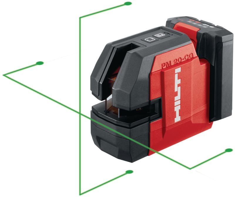 Láser de línea cruzada y plomada PM 20-CG 12V Láser combinado de luz verde con 2 líneas y 5 puntos para tareas de plomada, nivelado, alineaciones y cálculos de escuadras (plataforma de herramientas a batería de 12 V)