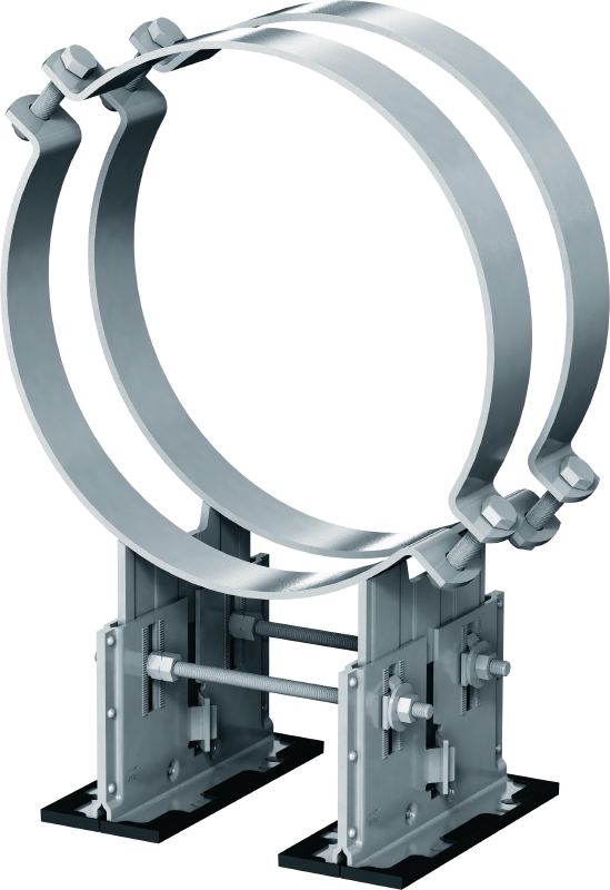 Abrazadera doble con placa MP-PS 4-2 Abrazaderas dobles con placa cuádruples ajustables con revestimiento para exteriores aptas para la fijación de tuberías de 217-610 mm (de 8 a 24) de diámetro en distintos materiales base en entornos moderadamente corrosivos